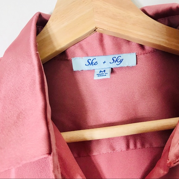 She + Sky Pink Silky Button-down Blouse MED - Picture 3 of 12